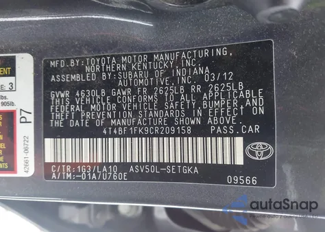 2012 Toyota Camry Xle z USA, uszkodzony, nr VIN 4T4BF1FK9CR209158